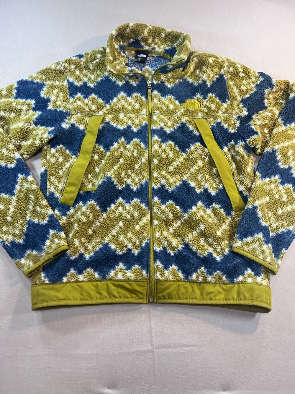 The North Face Sherpa Fleece Jacket Men’s Small Blue Green Full Zip Print Fleece